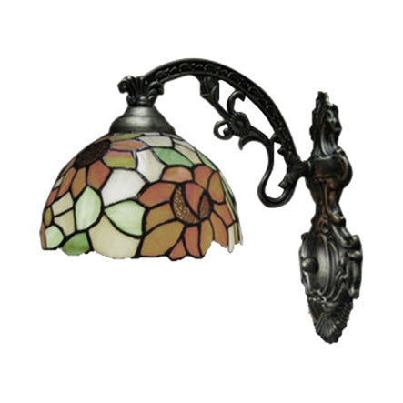 Loft Sunflower Wall Sconce Light Stained Glass 1 Light Wall Mount Light in Antique Bronze for Bedroom Clearhalo 'Industrial' 'Middle century wall lights' 'Tiffany wall lights' 'Tiffany' 'Wall Lamps & Sconces' 'Wall Lights' Lighting' 100038