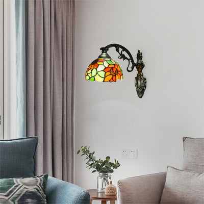 Loft Sunflower Wall Sconce Light Stained Glass 1 Light Wall Mount Light in Antique Bronze for Bedroom Antique Bronze Clearhalo 'Industrial' 'Middle century wall lights' 'Tiffany wall lights' 'Tiffany' 'Wall Lamps & Sconces' 'Wall Lights' Lighting' 100039