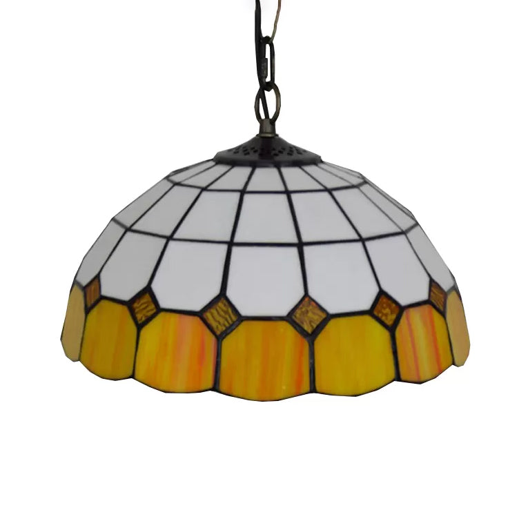Beige/Orange/Blue Dome Hanging Pendant Light Tiffany 1 Bulb Stained Art Glass Ceiling Hang Fixture for Living Room, 8"/12"/16" W Clearhalo 'Ceiling Lights' 'Industrial' 'Middle Century Pendants' 'Pendant Lights' 'Pendants' 'Tiffany close to ceiling' 'Tiffany Pendants' 'Tiffany' Lighting' 10004