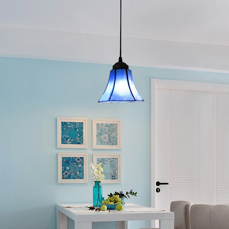 1 Bulb Mini Pendant Light Mediterranean Bell Blue Glass Suspension Lighting for Dining Room Blue Clearhalo 'Ceiling Lights' 'Industrial' 'Middle Century Pendants' 'Pendant Lights' 'Pendants' 'Tiffany close to ceiling' 'Tiffany Pendants' 'Tiffany' Lighting' 100052