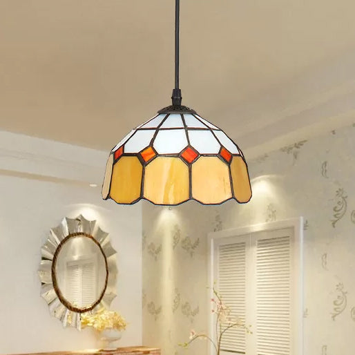 Beige/Orange/Blue Dome Hanging Pendant Light Tiffany 1 Bulb Stained Art Glass Ceiling Hang Fixture for Living Room, 8"/12"/16" W Orange 8" Clearhalo 'Ceiling Lights' 'Industrial' 'Middle Century Pendants' 'Pendant Lights' 'Pendants' 'Tiffany close to ceiling' 'Tiffany Pendants' 'Tiffany' Lighting' 10006