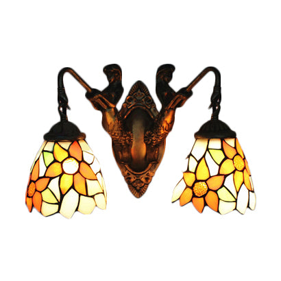 Brass Bell Sconce Light Baroque 2 Lights Multicolored Stained Glass Wall Mount Light Clearhalo 'Industrial' 'Middle century wall lights' 'Tiffany wall lights' 'Tiffany' 'Wall Lamps & Sconces' 'Wall Lights' Lighting' 100077