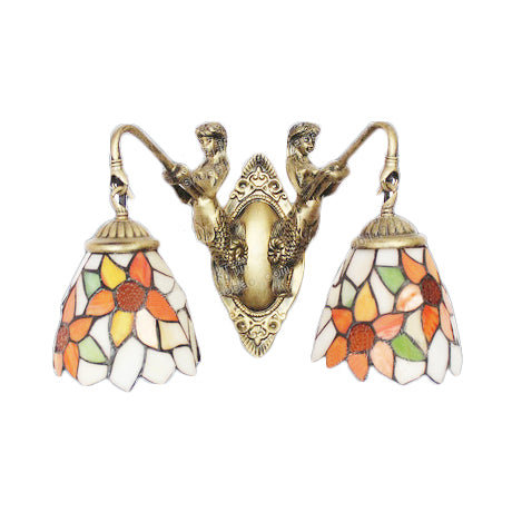 Brass Bell Sconce Light Baroque 2 Lights Multicolored Stained Glass Wall Mount Light Clearhalo 'Industrial' 'Middle century wall lights' 'Tiffany wall lights' 'Tiffany' 'Wall Lamps & Sconces' 'Wall Lights' Lighting' 100078