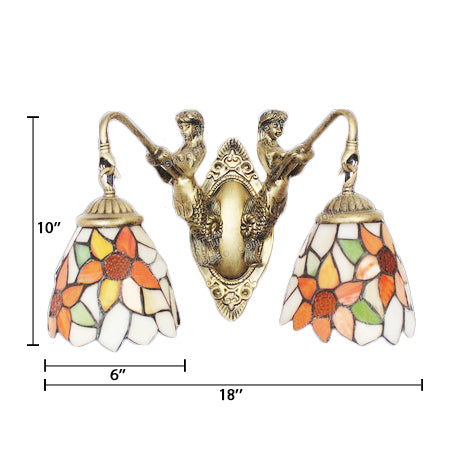 Brass Bell Sconce Light Baroque 2 Lights Multicolored Stained Glass Wall Mount Light Clearhalo 'Industrial' 'Middle century wall lights' 'Tiffany wall lights' 'Tiffany' 'Wall Lamps & Sconces' 'Wall Lights' Lighting' 100079
