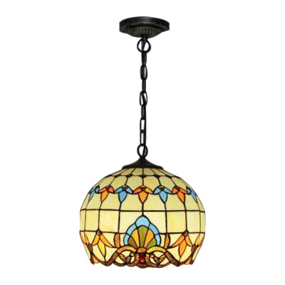 1 Bulb Globe Down Lighting Pendant Baroque White Stained Glass Suspension Lamp with Adjustable Chain for Restaurant Clearhalo 'Ceiling Lights' 'Industrial' 'Middle Century Pendants' 'Pendant Lights' 'Pendants' 'Tiffany close to ceiling' 'Tiffany Pendants' 'Tiffany' Lighting' 100110