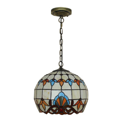 1 Bulb Globe Down Lighting Pendant Baroque White Stained Glass Suspension Lamp with Adjustable Chain for Restaurant Clearhalo 'Ceiling Lights' 'Industrial' 'Middle Century Pendants' 'Pendant Lights' 'Pendants' 'Tiffany close to ceiling' 'Tiffany Pendants' 'Tiffany' Lighting' 100111