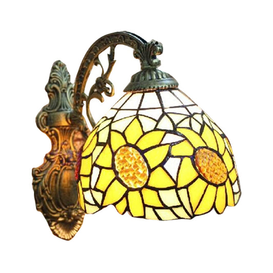 Yellow Sunflower Wall Sconce Light Lodge Style Stained Glass 1 Light Wall Lighting for Bedroom Clearhalo 'Industrial' 'Middle century wall lights' 'Tiffany wall lights' 'Tiffany' 'Wall Lamps & Sconces' 'Wall Lights' Lighting' 100143