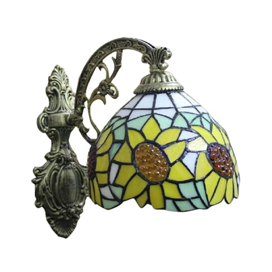 Yellow Sunflower Wall Sconce Light Lodge Style Stained Glass 1 Light Wall Lighting for Bedroom Clearhalo 'Industrial' 'Middle century wall lights' 'Tiffany wall lights' 'Tiffany' 'Wall Lamps & Sconces' 'Wall Lights' Lighting' 100144