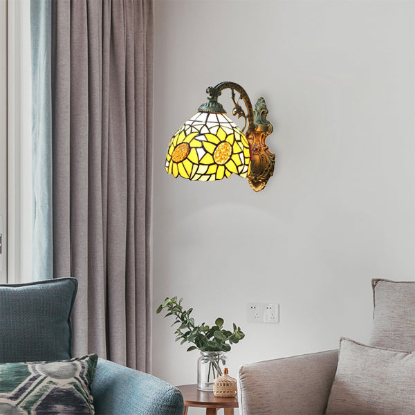 Yellow Sunflower Wall Sconce Light Lodge Style Stained Glass 1 Light Wall Lighting for Bedroom Yellow Clearhalo 'Industrial' 'Middle century wall lights' 'Tiffany wall lights' 'Tiffany' 'Wall Lamps & Sconces' 'Wall Lights' Lighting' 100145