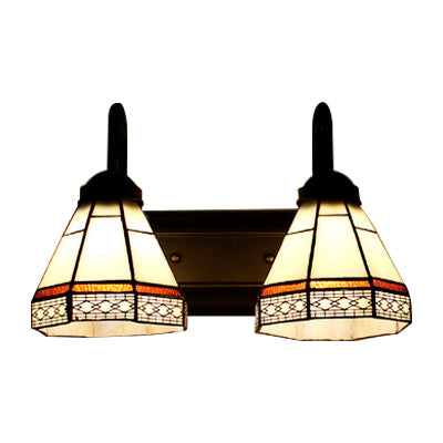 Cone Sconce Light Fixture Tiffany Beige Glass 2 Heads Black Wall Mounted Lighting Clearhalo 'Industrial' 'Middle century wall lights' 'Tiffany wall lights' 'Tiffany' 'Wall Lamps & Sconces' 'Wall Lights' Lighting' 100147