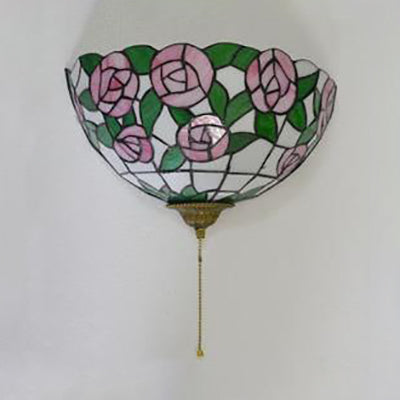 Pink Rose Wall Mount Light with Pull Chain and Green Leaf Pattern 1 Light Stained Glass Tiffany Wall Sconce Light Clearhalo 'Industrial' 'Middle century wall lights' 'Tiffany wall lights' 'Tiffany' 'Wall Lamps & Sconces' 'Wall Lights' Lighting' 100160