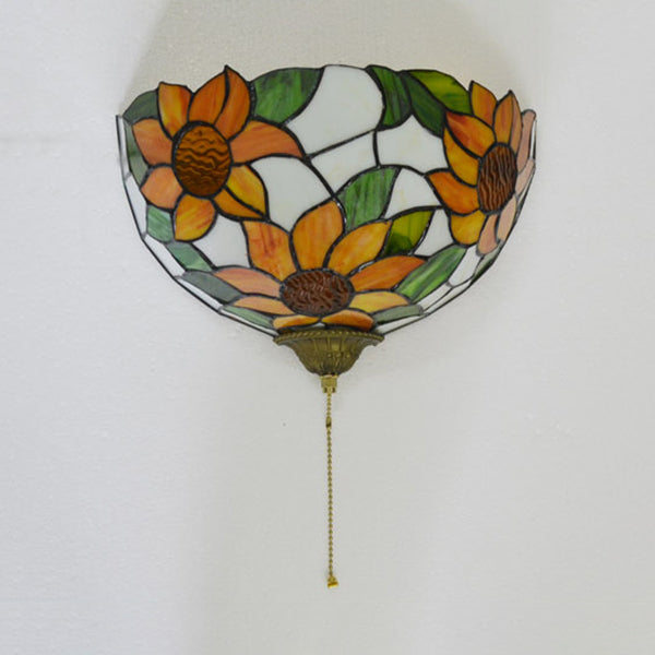 Stained Glass Sunflower Wall Sconce Light with Pull Chain Loft Retro 1 Head Wall Light in Orange and Green Clearhalo 'Industrial' 'Middle century wall lights' 'Tiffany wall lights' 'Tiffany' 'Wall Lamps & Sconces' 'Wall Lights' Lighting' 100163