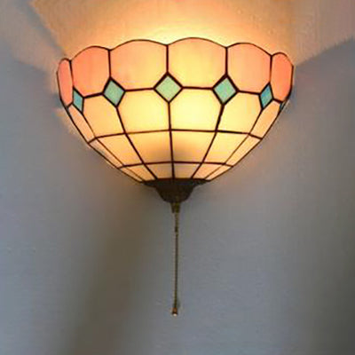 Pink and White Bowl Wall Mount Light Stained Glass 1 Bulb Tiffany Wall Sconce Light with Pull Chain Pink-White Clearhalo 'Industrial' 'Middle century wall lights' 'Tiffany wall lights' 'Tiffany' 'Wall Lamps & Sconces' 'Wall Lights' Lighting' 100165