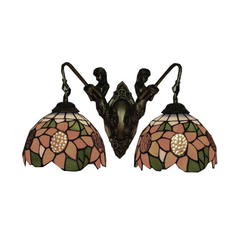 Flower Wall Light Fixture Tiffany Orange-Green/Orange-Yellow Glass 2 Heads Antique Brass Sconce Light Clearhalo 'Industrial' 'Middle century wall lights' 'Tiffany wall lights' 'Tiffany' 'Wall Lamps & Sconces' 'Wall Lights' Lighting' 100178