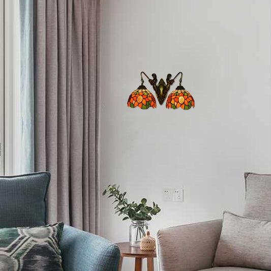 Flower Wall Light Fixture Tiffany Orange-Green/Orange-Yellow Glass 2 Heads Antique Brass Sconce Light Orange-Green Clearhalo 'Industrial' 'Middle century wall lights' 'Tiffany wall lights' 'Tiffany' 'Wall Lamps & Sconces' 'Wall Lights' Lighting' 100179