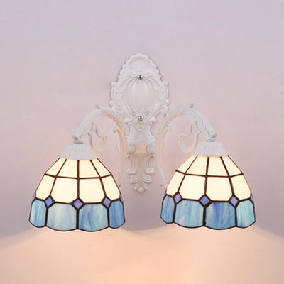 Nautical Dome Wall Sconce Light Stained Glass 2 Lights Wall Lighting in White for Bedroom Blue Clearhalo 'Industrial' 'Middle century wall lights' 'Tiffany wall lights' 'Tiffany' 'Wall Lamps & Sconces' 'Wall Lights' Lighting' 100199