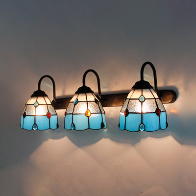 3 Heads Dome Sconce Light Fixture Tiffany Beige/Blue/Clear Glass Wall Mount Light Fixture with Agate Decoration Blue Clearhalo 'Industrial' 'Middle century wall lights' 'Tiffany wall lights' 'Tiffany' 'Wall Lamps & Sconces' 'Wall Lights' Lighting' 100206