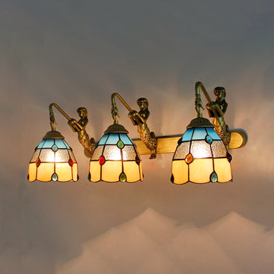 Jeweled Wall Light Fixture 3 Heads Yellow-White/Clear/Yellow-Blue Glass Tiffany Sconce Lighting with Mermaid Backplate Yellow-Blue Clearhalo 'Industrial' 'Middle century wall lights' 'Tiffany wall lights' 'Tiffany' 'Wall Lamps & Sconces' 'Wall Lights' Lighting' 100226
