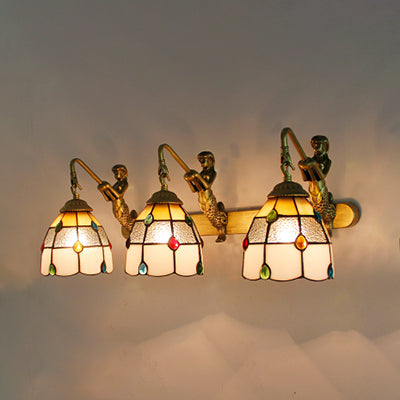 Jeweled Wall Light Fixture 3 Heads Yellow-White/Clear/Yellow-Blue Glass Tiffany Sconce Lighting with Mermaid Backplate Yellow-White Clearhalo 'Industrial' 'Middle century wall lights' 'Tiffany wall lights' 'Tiffany' 'Wall Lamps & Sconces' 'Wall Lights' Lighting' 100227