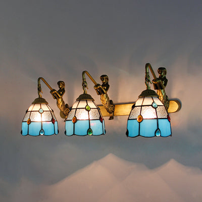 Jeweled Wall Light Fixture 3 Heads Yellow-White/Clear/Yellow-Blue Glass Tiffany Sconce Lighting with Mermaid Backplate Blue Clearhalo 'Industrial' 'Middle century wall lights' 'Tiffany wall lights' 'Tiffany' 'Wall Lamps & Sconces' 'Wall Lights' Lighting' 100229