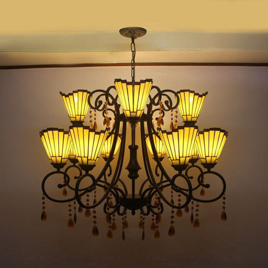 Country Geometric Hanging Pendant Stained Glass 11 Lights Chandelier with Crystal Pendants in Yellow Yellow Clearhalo 'Ceiling Lights' 'Chandeliers' 'Industrial' 'Middle Century Chandeliers' 'Tiffany Chandeliers' 'Tiffany close to ceiling' 'Tiffany' Lighting' 100234