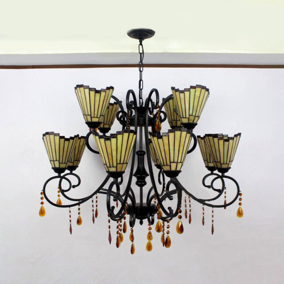Country Geometric Hanging Pendant Stained Glass 11 Lights Chandelier with Crystal Pendants in Yellow Clearhalo 'Ceiling Lights' 'Chandeliers' 'Industrial' 'Middle Century Chandeliers' 'Tiffany Chandeliers' 'Tiffany close to ceiling' 'Tiffany' Lighting' 100235