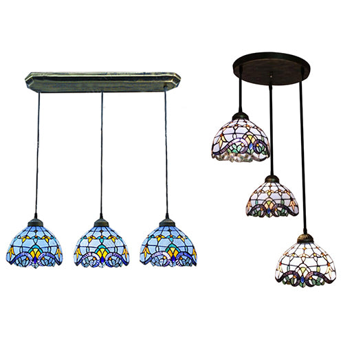 Victorian Dome Pendant Light Stained Glass 3 Heads Linear/Round Hanging Light in White/Blue for Dining Room Clearhalo 'Ceiling Lights' 'Chandeliers' 'Industrial' 'Middle Century Pendants' 'Pendant Lights' 'Pendants' 'Tiffany close to ceiling' 'Tiffany Pendants' 'Tiffany' Lighting' 100238