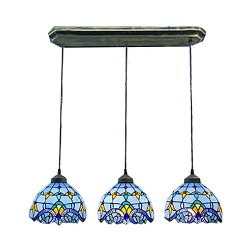 Victorian Dome Pendant Light Stained Glass 3 Heads Linear/Round Hanging Light in White/Blue for Dining Room Clearhalo 'Ceiling Lights' 'Chandeliers' 'Industrial' 'Middle Century Pendants' 'Pendant Lights' 'Pendants' 'Tiffany close to ceiling' 'Tiffany Pendants' 'Tiffany' Lighting' 100239