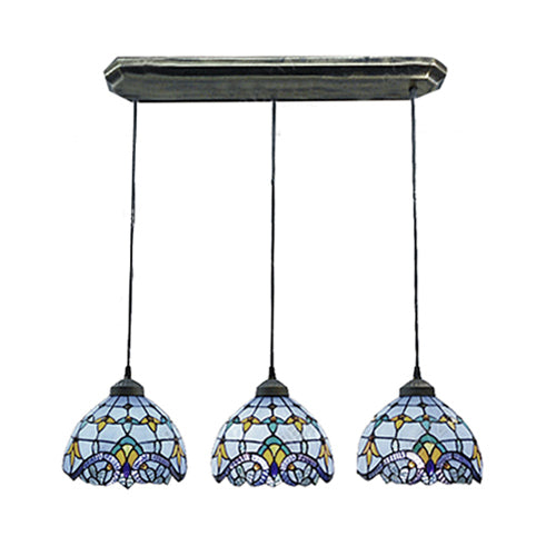 Victorian Dome Pendant Light Stained Glass 3 Heads Linear/Round Hanging Light in White/Blue for Dining Room Clearhalo 'Ceiling Lights' 'Chandeliers' 'Industrial' 'Middle Century Pendants' 'Pendant Lights' 'Pendants' 'Tiffany close to ceiling' 'Tiffany Pendants' 'Tiffany' Lighting' 100240