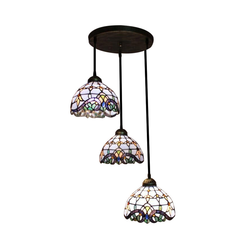 Victorian Dome Pendant Light Stained Glass 3 Heads Linear/Round Hanging Light in White/Blue for Dining Room Clearhalo 'Ceiling Lights' 'Chandeliers' 'Industrial' 'Middle Century Pendants' 'Pendant Lights' 'Pendants' 'Tiffany close to ceiling' 'Tiffany Pendants' 'Tiffany' Lighting' 100242