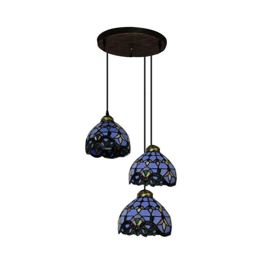 Victorian Dome Pendant Light Stained Glass 3 Heads Linear/Round Hanging Light in White/Blue for Dining Room Clearhalo 'Ceiling Lights' 'Chandeliers' 'Industrial' 'Middle Century Pendants' 'Pendant Lights' 'Pendants' 'Tiffany close to ceiling' 'Tiffany Pendants' 'Tiffany' Lighting' 100243