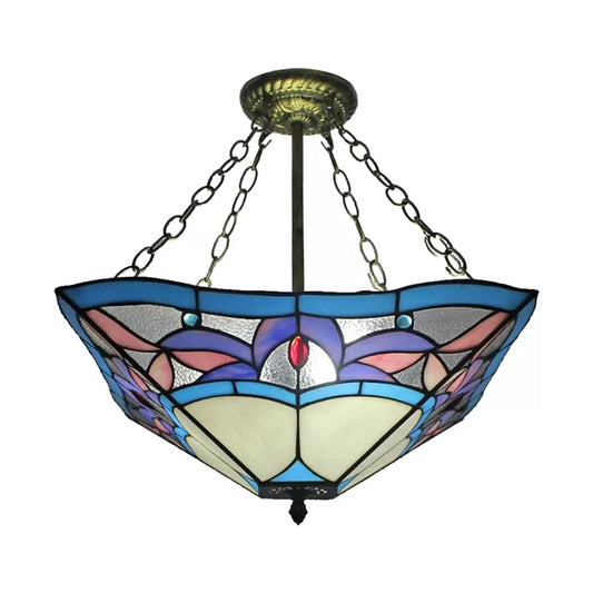 Bedroom Ceiling Lights Tiffany, 3-Lights Pyramid Semi Flush Light with Chain and Stained Glass Shade, 18" High x 18" in Diameter Blue Wavy Clearhalo 'Ceiling Lights' 'Close To Ceiling Lights' 'Close to ceiling' 'Glass shade' 'Glass' 'Semi-flushmount' 'Tiffany close to ceiling' 'Tiffany' Lighting' 10024