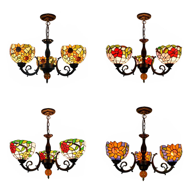 Colorful Bowl Chandelier Light with Flower/Rose/Sunflower/Yellow Flower Pattern Retro Style Stained Glass 3 Bulbs Inverted Chandelier in Brass Clearhalo 'Ceiling Lights' 'Chandeliers' 'Close To Ceiling Lights' 'Industrial' 'Middle Century Chandeliers' 'Tiffany Chandeliers' 'Tiffany close to ceiling' 'Tiffany' Lighting' 100262
