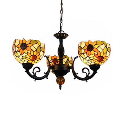 Colorful Bowl Chandelier Light with Flower/Rose/Sunflower/Yellow Flower Pattern Retro Style Stained Glass 3 Bulbs Inverted Chandelier in Brass Clearhalo 'Ceiling Lights' 'Chandeliers' 'Close To Ceiling Lights' 'Industrial' 'Middle Century Chandeliers' 'Tiffany Chandeliers' 'Tiffany close to ceiling' 'Tiffany' Lighting' 100263