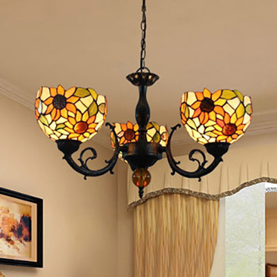 Colorful Bowl Chandelier Light with Flower/Rose/Sunflower/Yellow Flower Pattern Retro Style Stained Glass 3 Bulbs Inverted Chandelier in Brass Brass Yellow Flower Clearhalo 'Ceiling Lights' 'Chandeliers' 'Close To Ceiling Lights' 'Industrial' 'Middle Century Chandeliers' 'Tiffany Chandeliers' 'Tiffany close to ceiling' 'Tiffany' Lighting' 100265