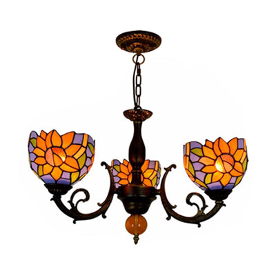 Colorful Bowl Chandelier Light with Flower/Rose/Sunflower/Yellow Flower Pattern Retro Style Stained Glass 3 Bulbs Inverted Chandelier in Brass Clearhalo 'Ceiling Lights' 'Chandeliers' 'Close To Ceiling Lights' 'Industrial' 'Middle Century Chandeliers' 'Tiffany Chandeliers' 'Tiffany close to ceiling' 'Tiffany' Lighting' 100266