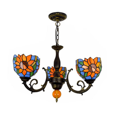 Colorful Bowl Chandelier Light with Flower/Rose/Sunflower/Yellow Flower Pattern Retro Style Stained Glass 3 Bulbs Inverted Chandelier in Brass Clearhalo 'Ceiling Lights' 'Chandeliers' 'Close To Ceiling Lights' 'Industrial' 'Middle Century Chandeliers' 'Tiffany Chandeliers' 'Tiffany close to ceiling' 'Tiffany' Lighting' 100267