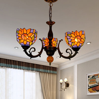 Colorful Bowl Chandelier Light with Flower/Rose/Sunflower/Yellow Flower Pattern Retro Style Stained Glass 3 Bulbs Inverted Chandelier in Brass Brass Sunflower Clearhalo 'Ceiling Lights' 'Chandeliers' 'Close To Ceiling Lights' 'Industrial' 'Middle Century Chandeliers' 'Tiffany Chandeliers' 'Tiffany close to ceiling' 'Tiffany' Lighting' 100268