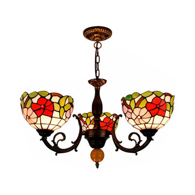 Colorful Bowl Chandelier Light with Flower/Rose/Sunflower/Yellow Flower Pattern Retro Style Stained Glass 3 Bulbs Inverted Chandelier in Brass Clearhalo 'Ceiling Lights' 'Chandeliers' 'Close To Ceiling Lights' 'Industrial' 'Middle Century Chandeliers' 'Tiffany Chandeliers' 'Tiffany close to ceiling' 'Tiffany' Lighting' 100269