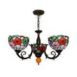 Colorful Bowl Chandelier Light with Flower/Rose/Sunflower/Yellow Flower Pattern Retro Style Stained Glass 3 Bulbs Inverted Chandelier in Brass Clearhalo 'Ceiling Lights' 'Chandeliers' 'Close To Ceiling Lights' 'Industrial' 'Middle Century Chandeliers' 'Tiffany Chandeliers' 'Tiffany close to ceiling' 'Tiffany' Lighting' 100270