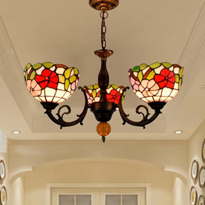 Colorful Bowl Chandelier Light with Flower/Rose/Sunflower/Yellow Flower Pattern Retro Style Stained Glass 3 Bulbs Inverted Chandelier in Brass Brass Flower Clearhalo 'Ceiling Lights' 'Chandeliers' 'Close To Ceiling Lights' 'Industrial' 'Middle Century Chandeliers' 'Tiffany Chandeliers' 'Tiffany close to ceiling' 'Tiffany' Lighting' 100271