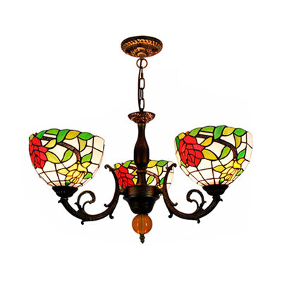 Colorful Bowl Chandelier Light with Flower/Rose/Sunflower/Yellow Flower Pattern Retro Style Stained Glass 3 Bulbs Inverted Chandelier in Brass Clearhalo 'Ceiling Lights' 'Chandeliers' 'Close To Ceiling Lights' 'Industrial' 'Middle Century Chandeliers' 'Tiffany Chandeliers' 'Tiffany close to ceiling' 'Tiffany' Lighting' 100272