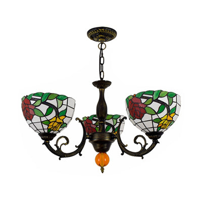 Colorful Bowl Chandelier Light with Flower/Rose/Sunflower/Yellow Flower Pattern Retro Style Stained Glass 3 Bulbs Inverted Chandelier in Brass Clearhalo 'Ceiling Lights' 'Chandeliers' 'Close To Ceiling Lights' 'Industrial' 'Middle Century Chandeliers' 'Tiffany Chandeliers' 'Tiffany close to ceiling' 'Tiffany' Lighting' 100273