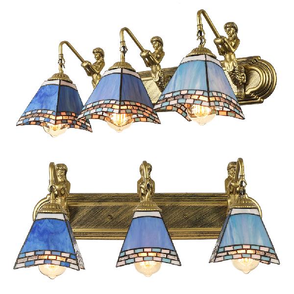 Mediterranean Trapezoid Wall Light Fixture 3 Heads Stained Glass Sconce Light for Living Room Blue Clearhalo 'Industrial' 'Middle century wall lights' 'Tiffany wall lights' 'Tiffany' 'Wall Lamps & Sconces' 'Wall Lights' Lighting' 100297
