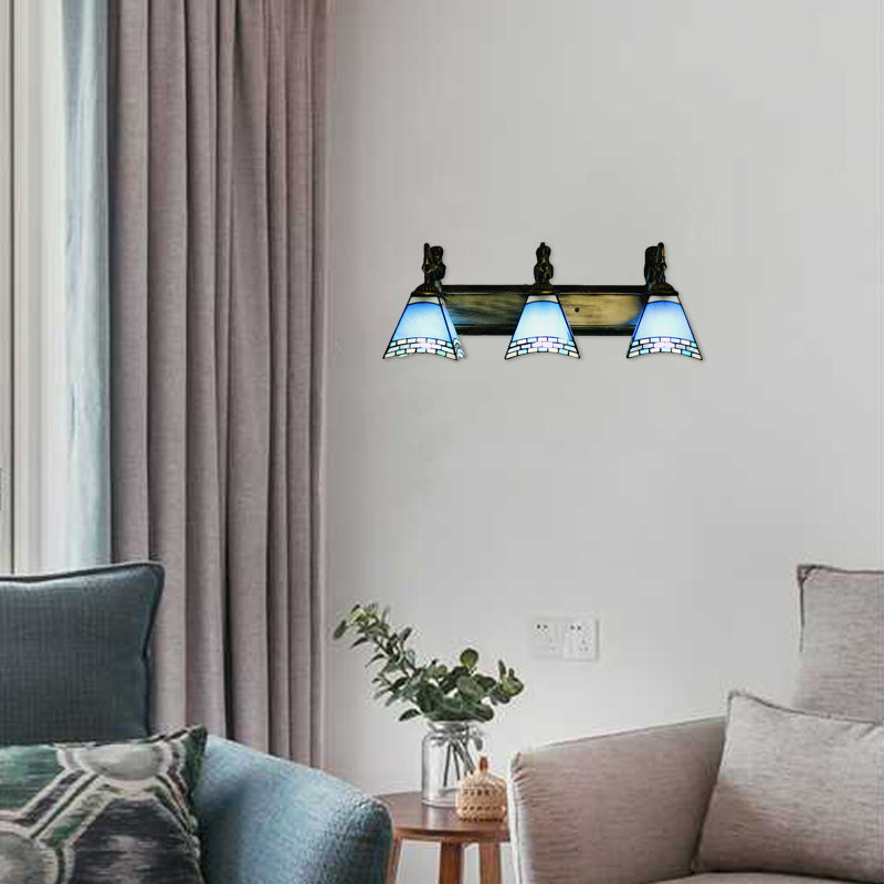 Mediterranean Trapezoid Wall Light Fixture 3 Heads Stained Glass Sconce Light for Living Room Clearhalo 'Industrial' 'Middle century wall lights' 'Tiffany wall lights' 'Tiffany' 'Wall Lamps & Sconces' 'Wall Lights' Lighting' 100298