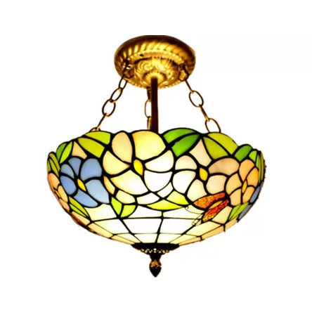 Bedroom Ceiling Lights LED, Victorian Floral Semi Flush Light with Chain and Stained Glass Shade, 12" W Beige Clearhalo 'Ceiling Lights' 'Close To Ceiling Lights' 'Close to ceiling' 'Glass shade' 'Glass' 'Semi-flushmount' 'Tiffany close to ceiling' 'Tiffany' Lighting' 10034