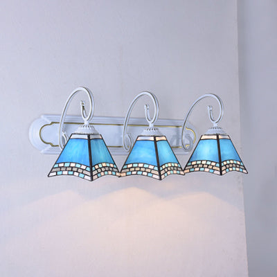 Blue Glass Pyramid Wall Light Fixture Tiffany 3 Heads White Sconce Light with Scrolling Arm Blue Clearhalo 'Industrial' 'Middle century wall lights' 'Tiffany wall lights' 'Tiffany' 'Wall Lamps & Sconces' 'Wall Lights' Lighting' 100347