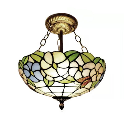 Bedroom Ceiling Lights LED, Victorian Floral Semi Flush Light with Chain and Stained Glass Shade, 12" W Clearhalo 'Ceiling Lights' 'Close To Ceiling Lights' 'Close to ceiling' 'Glass shade' 'Glass' 'Semi-flushmount' 'Tiffany close to ceiling' 'Tiffany' Lighting' 10035