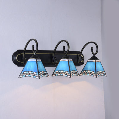 Mediterranean Pyramid Wall Light Fixture 3 Heads Blue Glass Sconce Light whit Scrolling Arm Blue Clearhalo 'Industrial' 'Middle century wall lights' 'Tiffany wall lights' 'Tiffany' 'Wall Lamps & Sconces' 'Wall Lights' Lighting' 100355