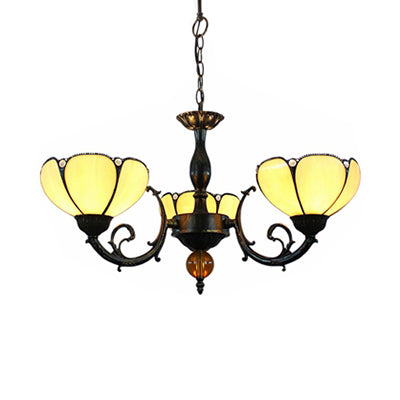 Beige Bowl Hanging Pendant Vintage Stained Glass 3 Lights Decorative Hanging Light for Dining Room Clearhalo 'Ceiling Lights' 'Chandeliers' 'Industrial' 'Middle Century Chandeliers' 'Tiffany Chandeliers' 'Tiffany close to ceiling' 'Tiffany' Lighting' 100357